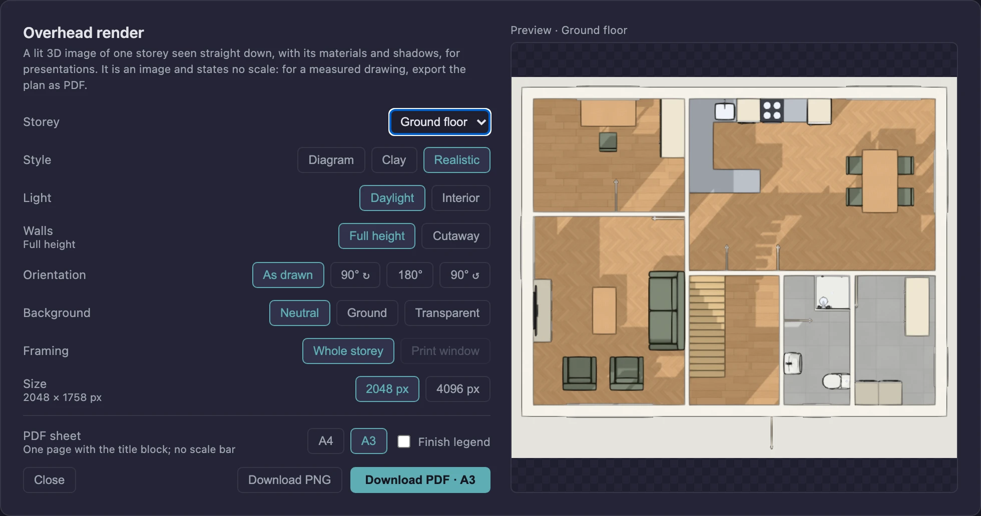 The Overhead render dialog: storey, style (Diagram, Clay or Realistic), light, full-height or cutaway walls, orientation, background, framing and size on the left, and on the right a preview of the house seen from straight above with its finished floors, furniture and sun shadows.