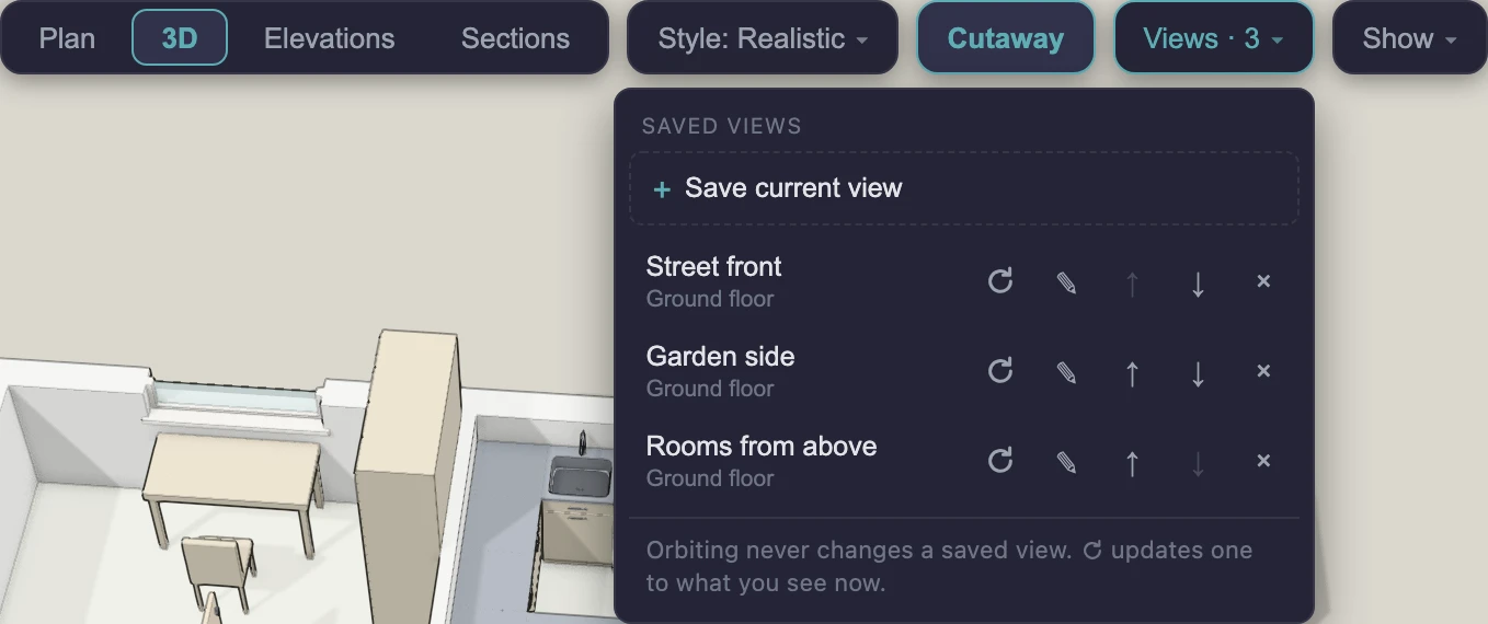 The Views menu open in the 3D view: Save current view at the top, then three saved views (Street front, Garden side, Rooms from above), each with its storey and buttons to update, rename, move up or down and delete it.