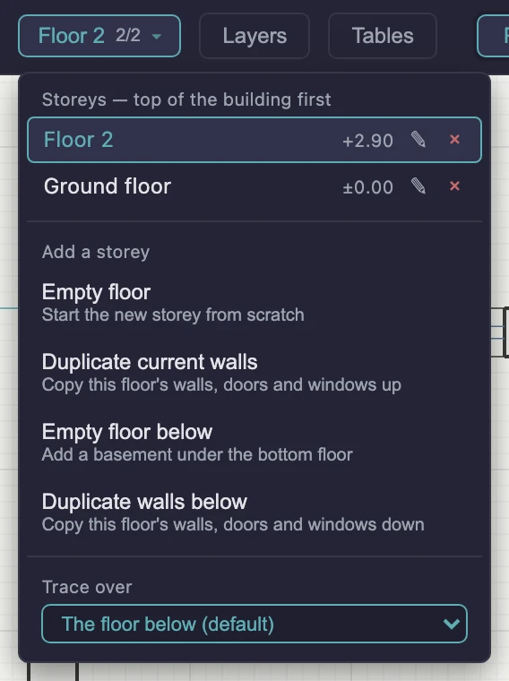 The floors menu open under the top bar: the storeys listed top-first with their levels, then Empty floor, Duplicate current walls, Empty floor below and Duplicate walls below, then the Trace over picker.