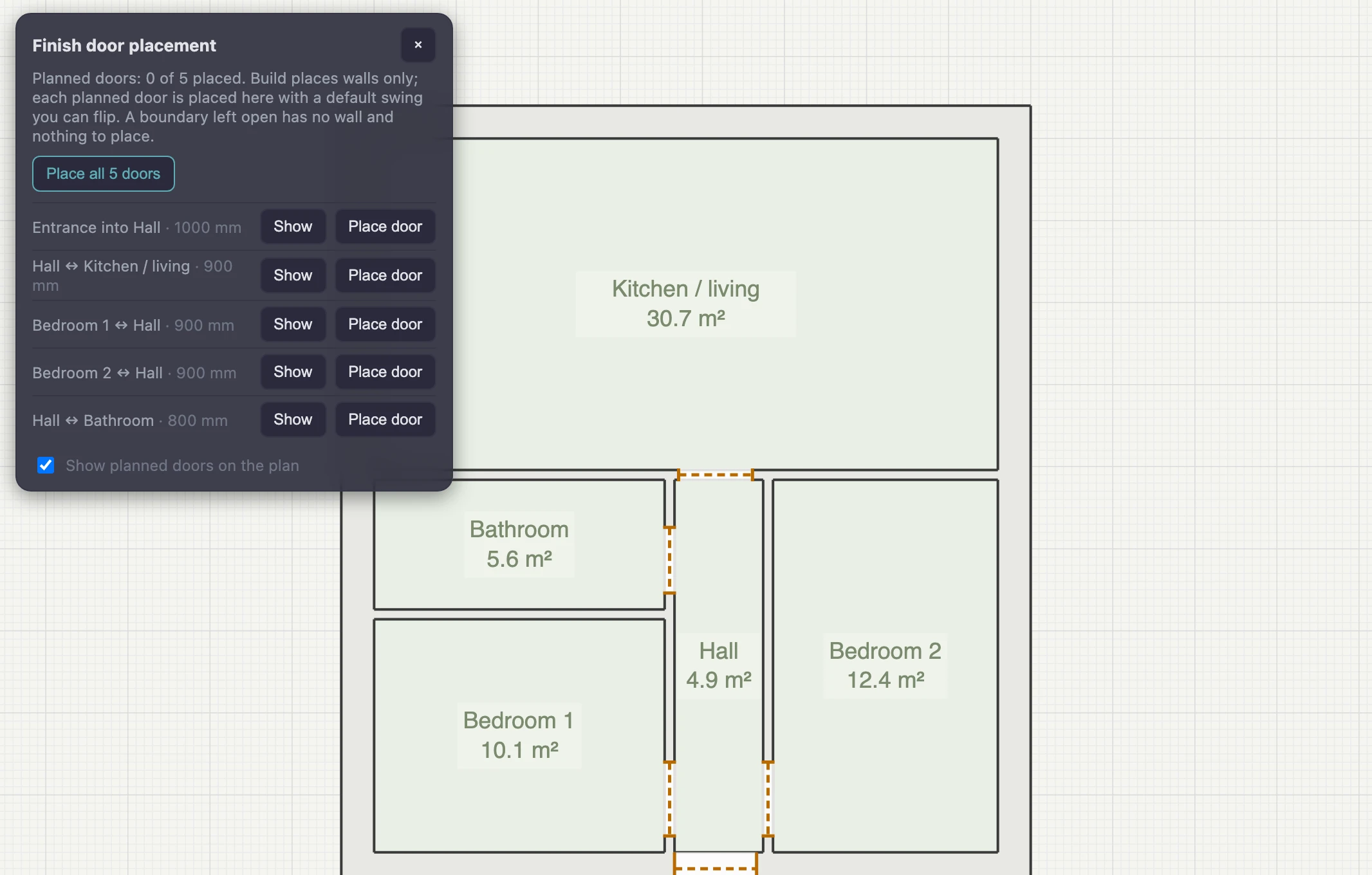 Walls and rooms just built from a generated layout, with the Finish door placement panel listing Planned doors: 0 of 5 placed, a Place all 5 doors button, and one row per planned door — the entrance into the Hall and each room off the Hall — each with Show and Place door.