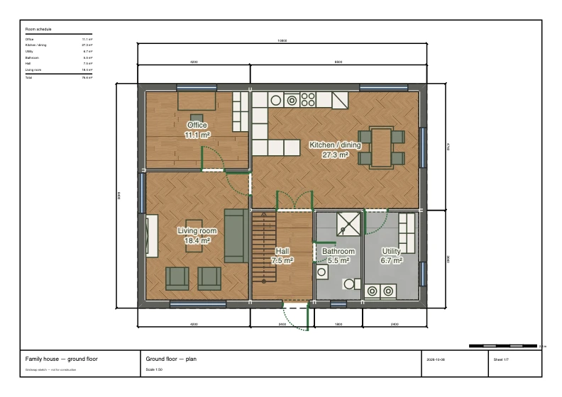 The export dialog previewing a Textured plan sheet: the ground floor with oak boards, herringbone and large gray tile floors and dark cut walls, inside the sheet frame with its title block.