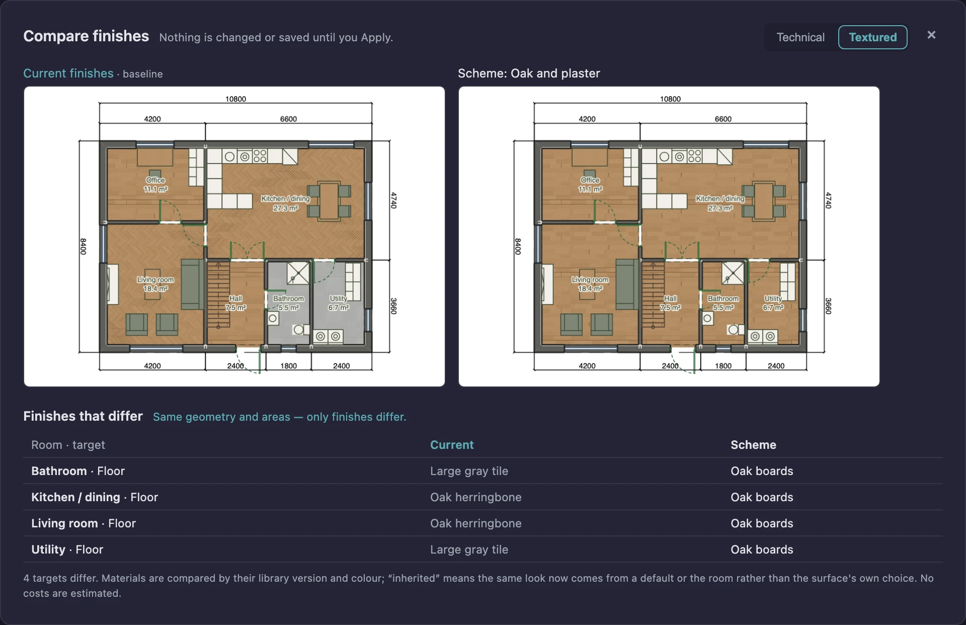 Comparing finishes: the current project and a saved finish scheme side by side as Textured plans at one scale, the Technical and Textured switch above them, and below a table of the finishes that differ by room and target, stating the geometry and areas are the same.