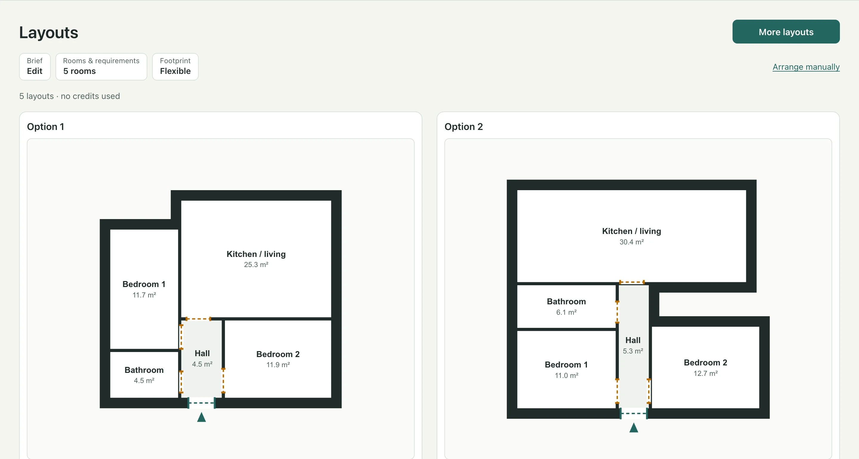 The Layouts stage after Update layouts: a More layouts button, the settings row Brief, Rooms & requirements 5 rooms and Footprint Flexible, the line saying how many layouts were found with no credits used, and the first two options drawn at the same scale with their rooms and areas.