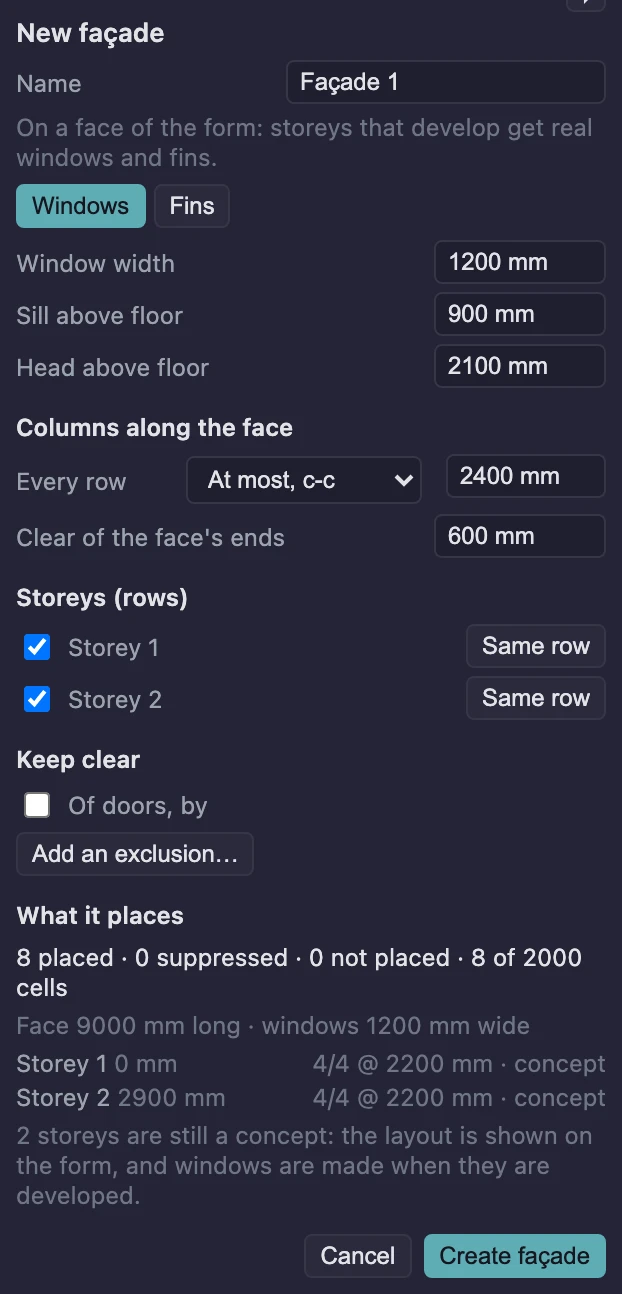 The New façade panel: Windows selected, window width 1200 mm, sill above floor 900 mm, head above floor 2100 mm; Columns along the face: Every row At most, c-c 2400 mm, clear of the face's ends 600 mm; Storeys (rows) Storey 1 and Storey 2 ticked, each Same row; Keep clear: Of doors, by, and Add an exclusion…; What it places: 8 placed, face 9000 mm long, 4 of 4 per storey at 2200 mm, still a concept.