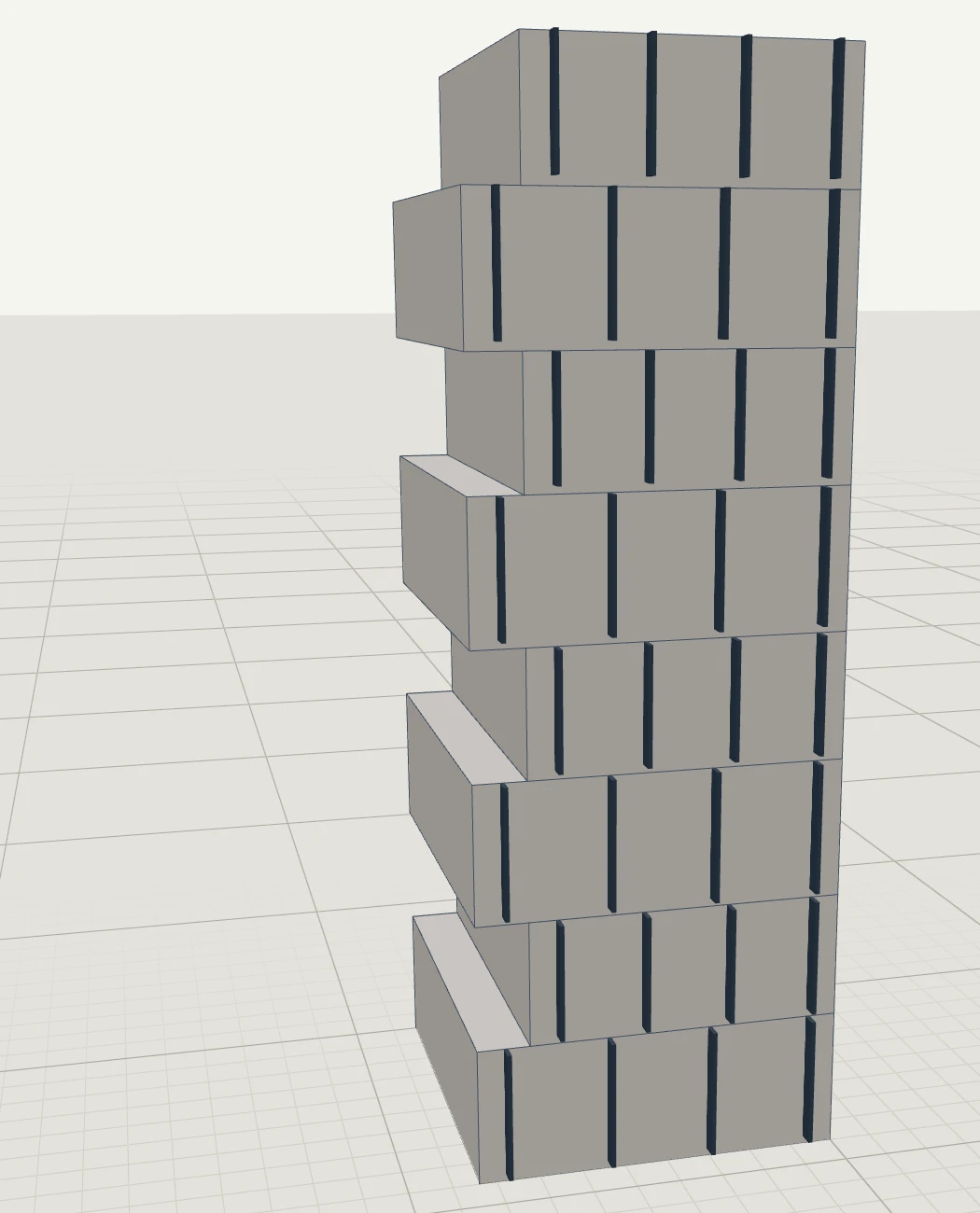 An eight-storey A–B building in Massing with a row of fins drawn on its east face on every storey, still a concept.