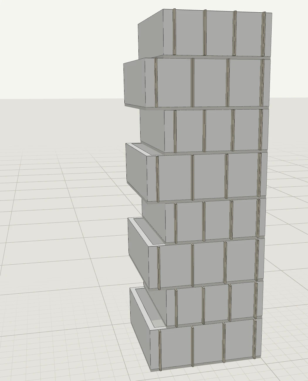 The same building from the same camera after Create drawing: walls, floor slabs and 32 real fins, four per storey.