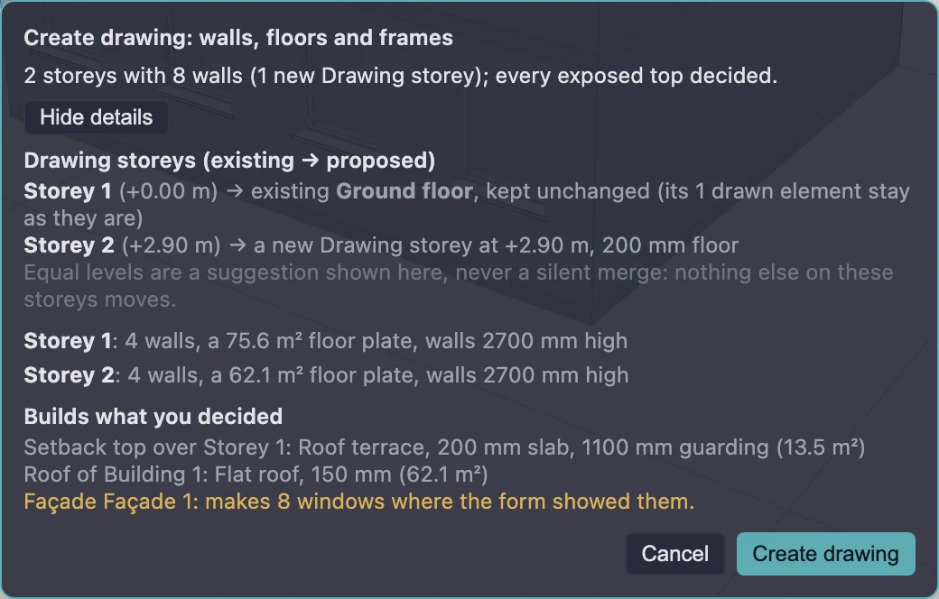 The Create drawing review: 2 storeys with 8 walls (1 new Drawing storey); every exposed top decided. Under Drawing storeys (existing → proposed), Storey 1 maps to the existing Ground floor, kept unchanged with its 1 drawn element, and Storey 2 to a new Drawing storey at +2.90 m. Builds what you decided lists a roof terrace with 1100 mm guarding, a 150 mm flat roof and a façade making 8 windows.