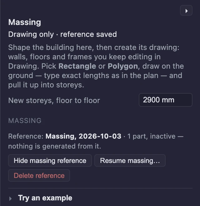 The Massing inspector after Finish: Drawing only · reference saved, and a reference with 1 part, inactive, nothing is generated from it, with the buttons Hide massing reference, Resume massing… and Delete reference.