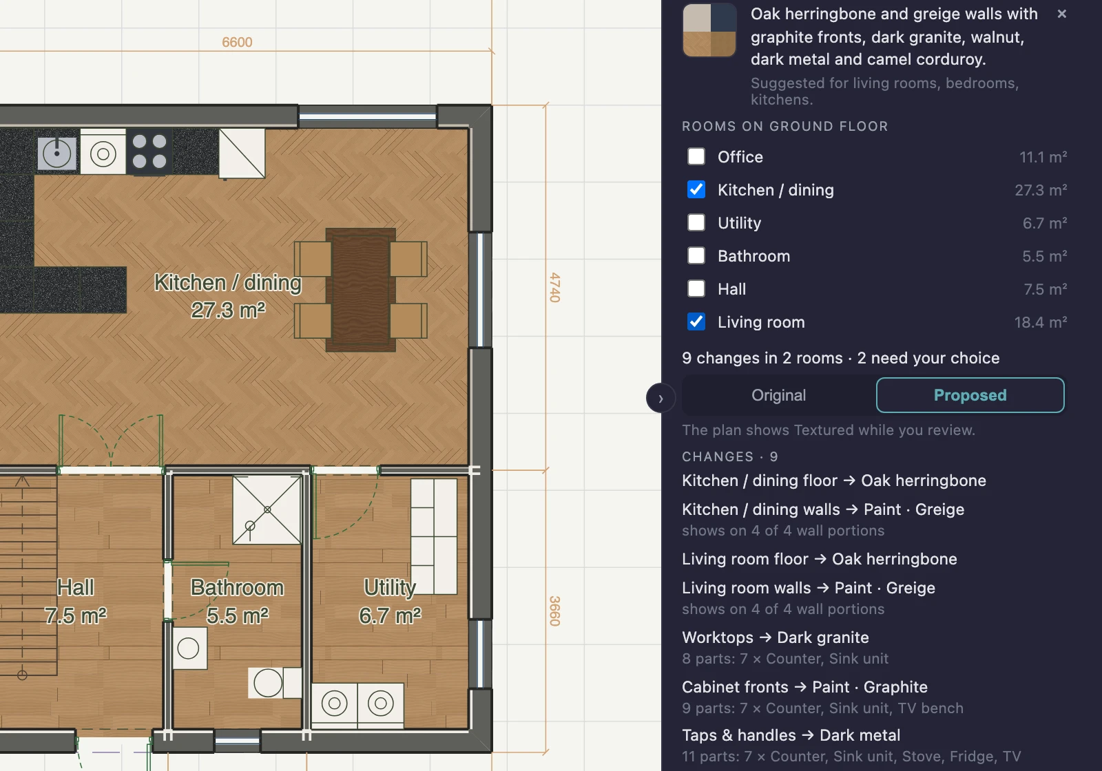 A room kit under review in the Finishes activity: the plan shows the Soft contrast kit proposed on the living room, with herringbone floors and walnut and corduroy furniture, and the panel lists the rooms ticked, Original and Proposed, and the Changes with how much of each will show, above Apply and Cancel.