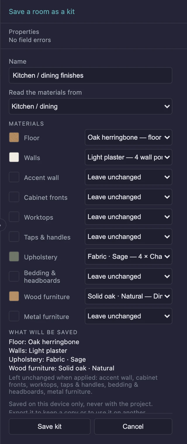 Saving a room as a kit: the panel reads the materials from the Kitchen / dining room, one row per part of the kit (floor, walls, worktops, cabinet fronts, taps and handles, wood furniture and the rest) each set to a material found in the room or Leave unchanged, then the list of what will be saved, a note that the kit is kept on this device, and Save kit.