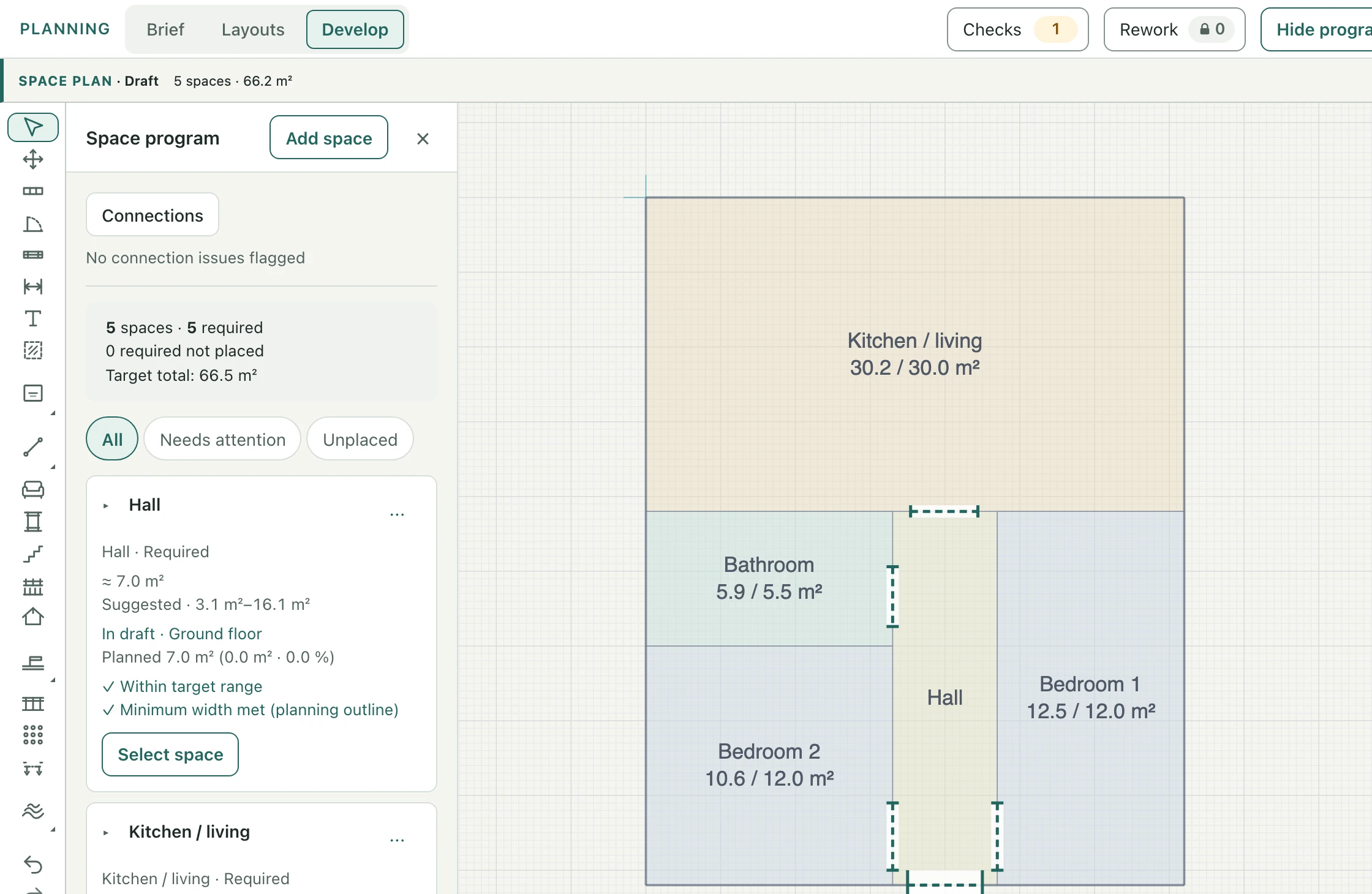 The Develop stage of the planning workspace: the Brief, Layouts and Develop tabs with Checks and Rework beside them, the SPACE PLAN Draft bar reading 5 spaces, the Space program panel with each room's suggested size, planned area and checks, and five Spaces on the plan — Kitchen / living, Bathroom, Hall, Bedroom 1 and Bedroom 2 — each labelled with its planned and target area.