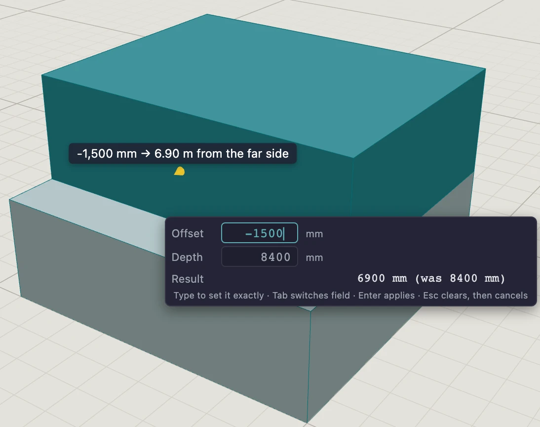 Storey 2 of a two-storey block selected, its street-side face arrow clicked and -1500 typed into the Offset field: the preview reads -1,500 mm, 6.90 m from the far side, and the result row shows 6900 mm, was 8400 mm.