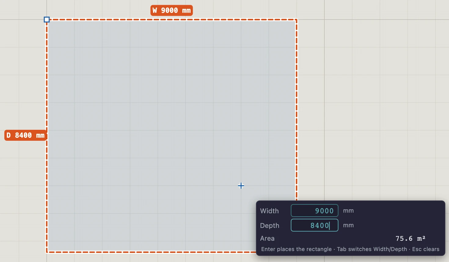 A rectangle being drawn in the Top view: Width 9000 and Depth 8400 typed into the tracker, the area 75.6 m² shown, and the hint Enter places the rectangle, Tab switches Width/Depth, Esc clears.