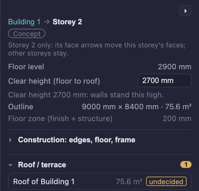 The inspector for Storey 2 of Building 1: Concept status, Floor level 2900 mm, Clear height (floor to roof) 2700 mm, Outline 9000 mm × 8400 mm, Floor zone (finish + structure) 200 mm.