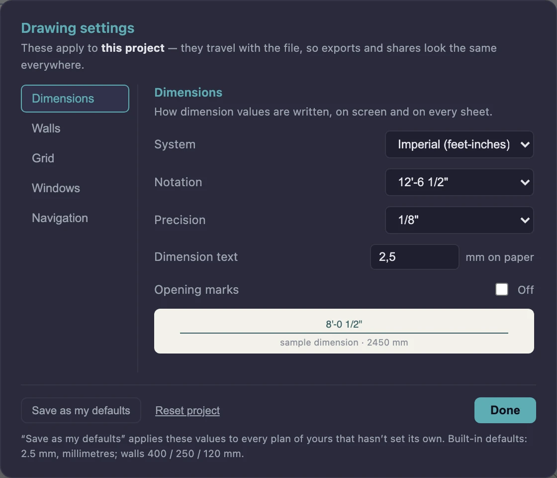 The Dimensions section of Gridsnap drawing settings: System set to Imperial (feet-inches), Notation and Precision dropdowns, a Dimension text size field, and a live sample dimension reading 8'-0 1/2" underneath.
