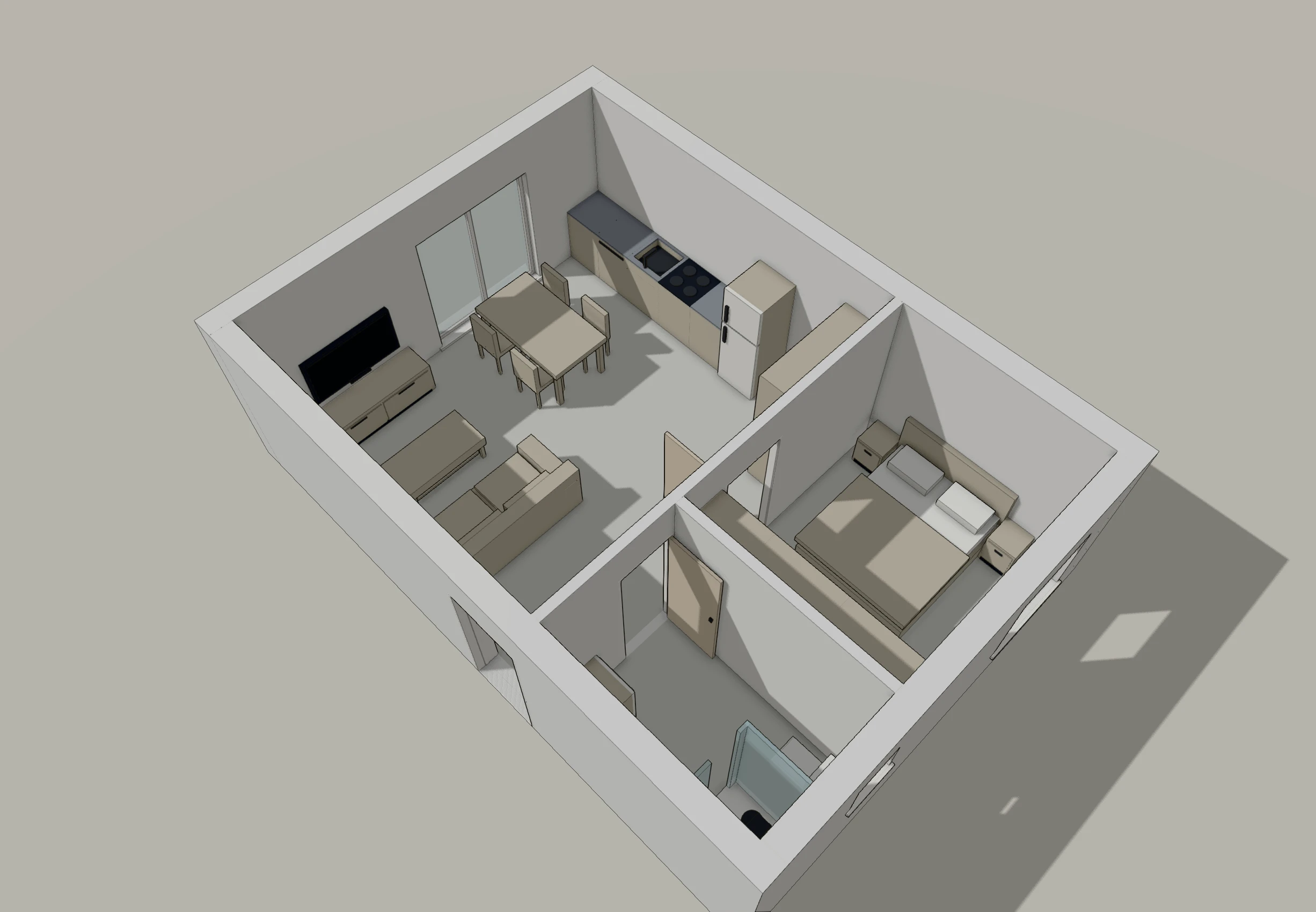 3D view of the one-bedroom flat floor plan showing the kitchen along the blind north wall, the open living room, the bedroom and the bathroom, with window and door openings cut into the walls