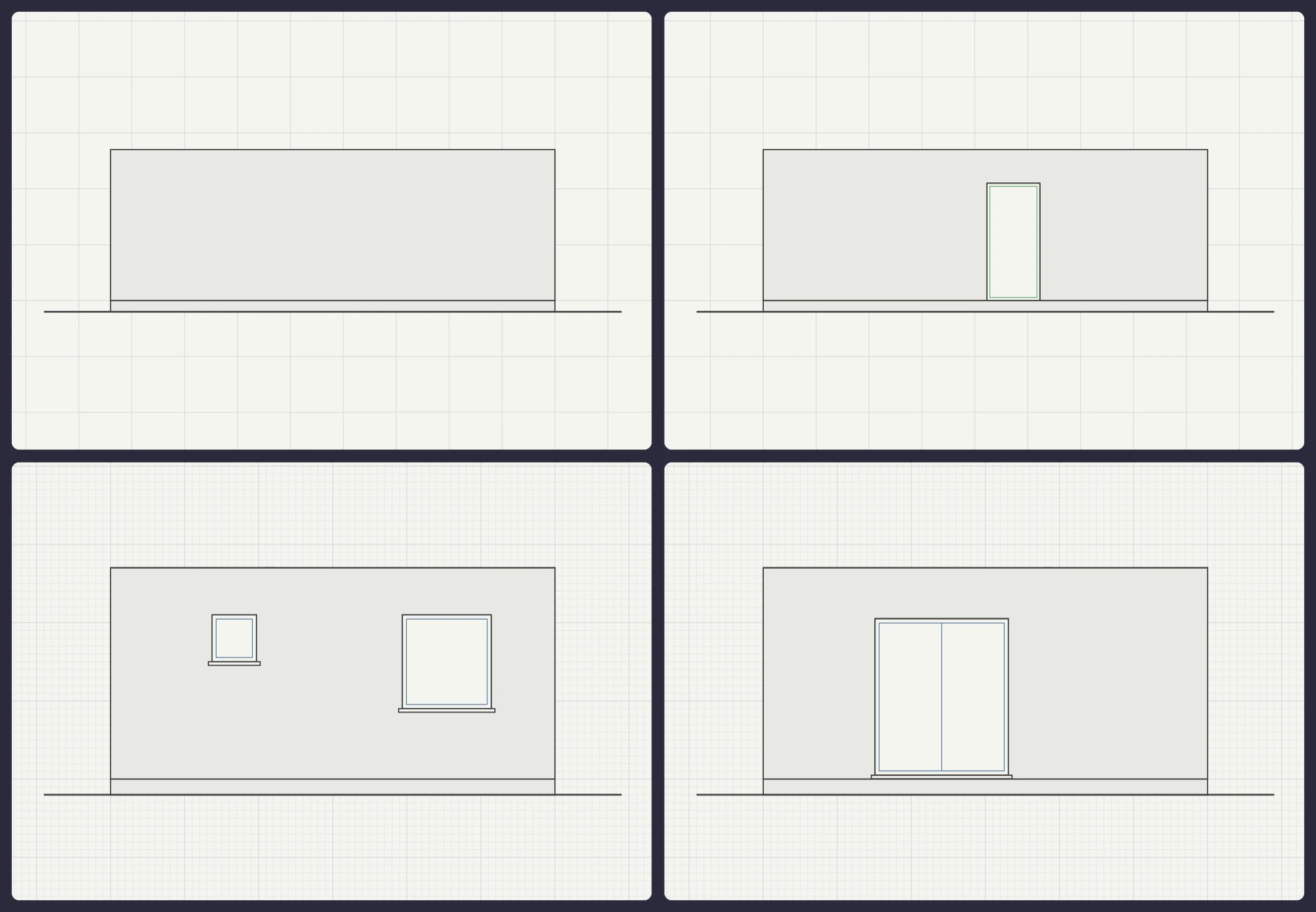 The four automatically generated elevations of the 1-Bedroom Flat — north, east, south and west façades with their window and door openings
