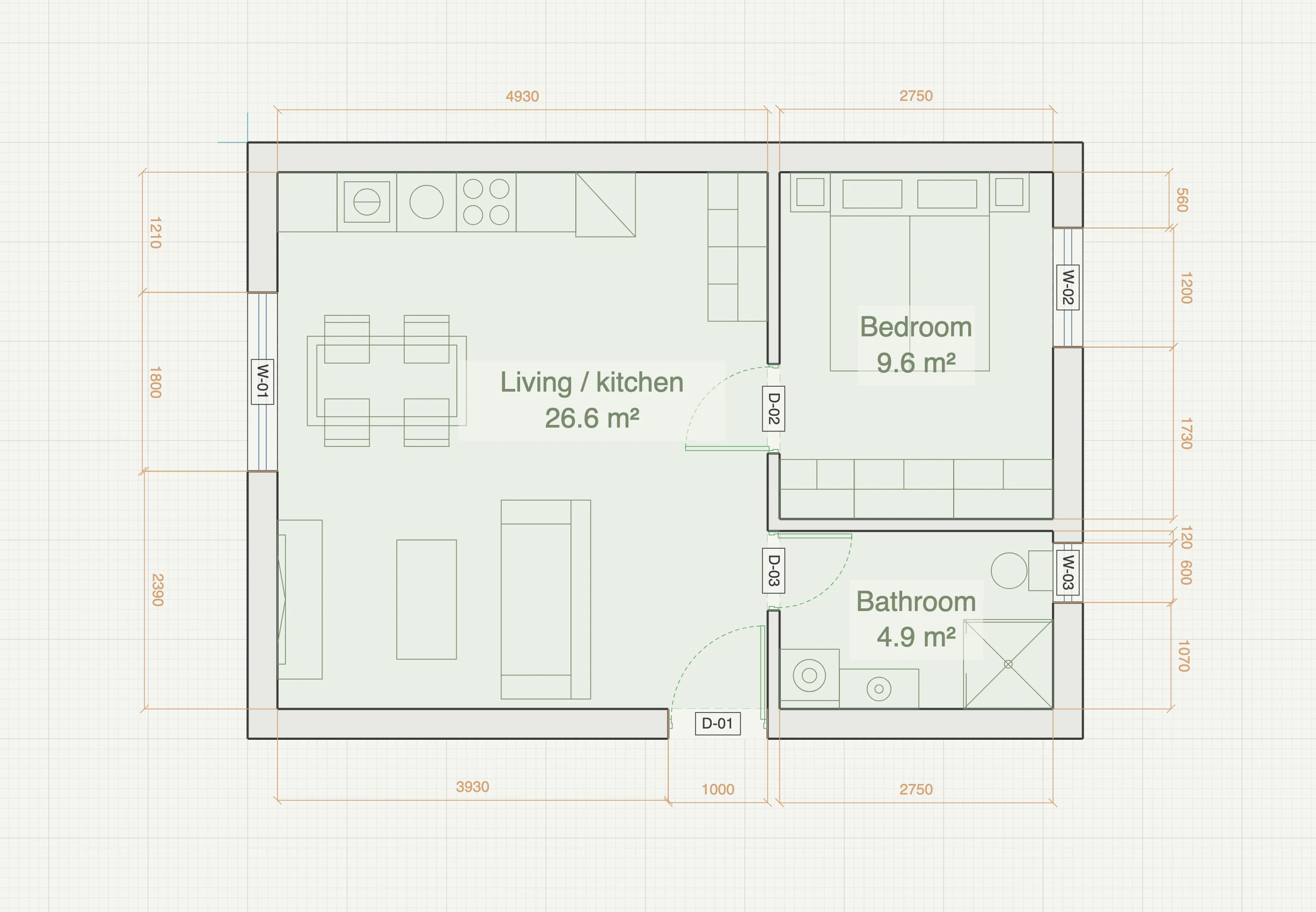 One-bedroom flat floor plan, 8.4 by 6 metres, with an open living and kitchen room, a bedroom with a run of three wardrobes, and a bathroom with a high-level window, furnished and fully dimensioned in the Gridsnap editor