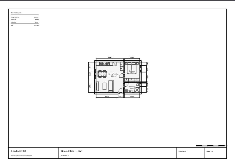 An example PDF sheet exported from the 1-Bedroom Flat template, with the drawing framed in a title block