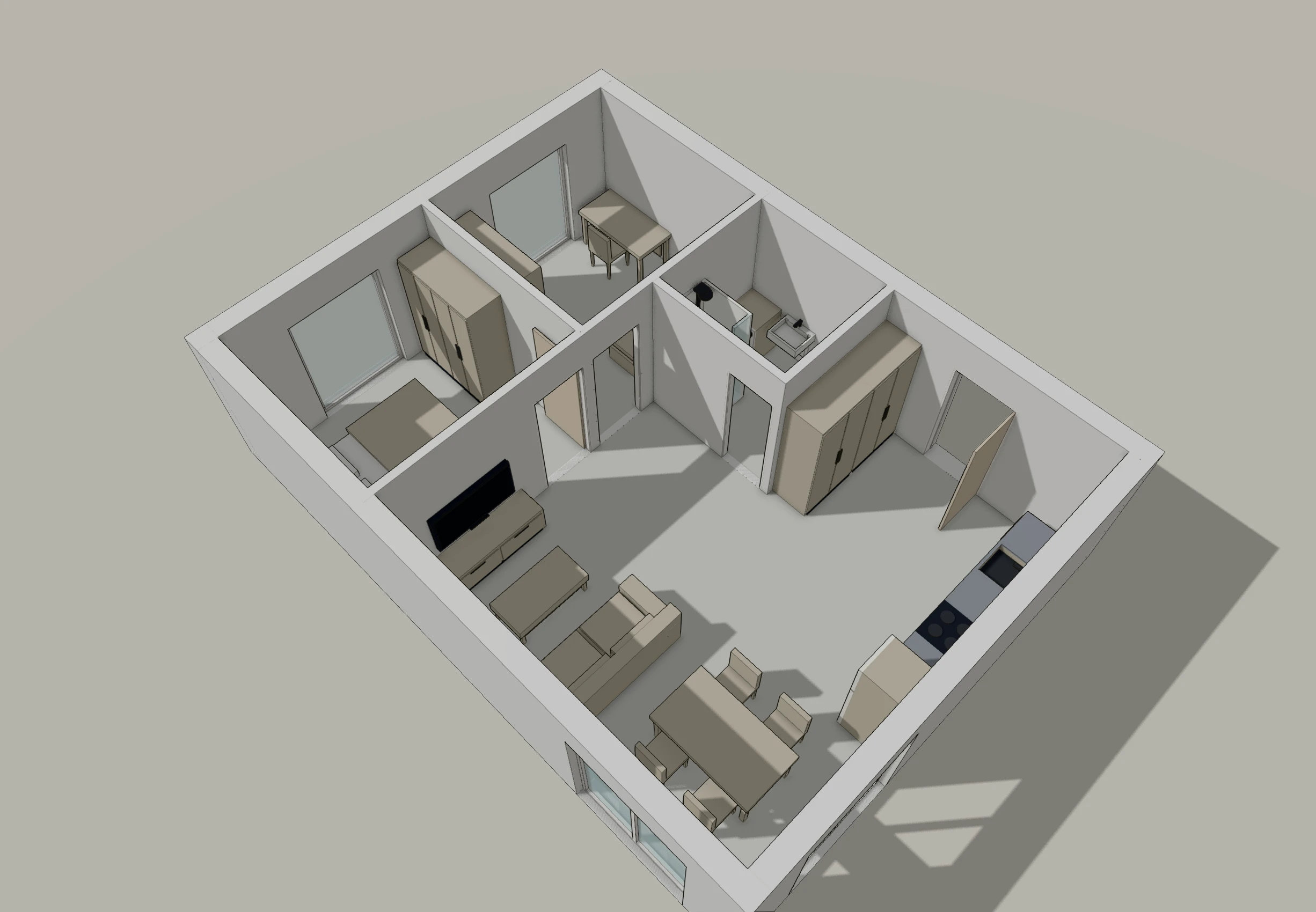 3D view of the two-bedroom apartment floor plan showing the open living, dining and kitchen room, the two bedrooms, and the floor-height window openings on the east, south and west walls