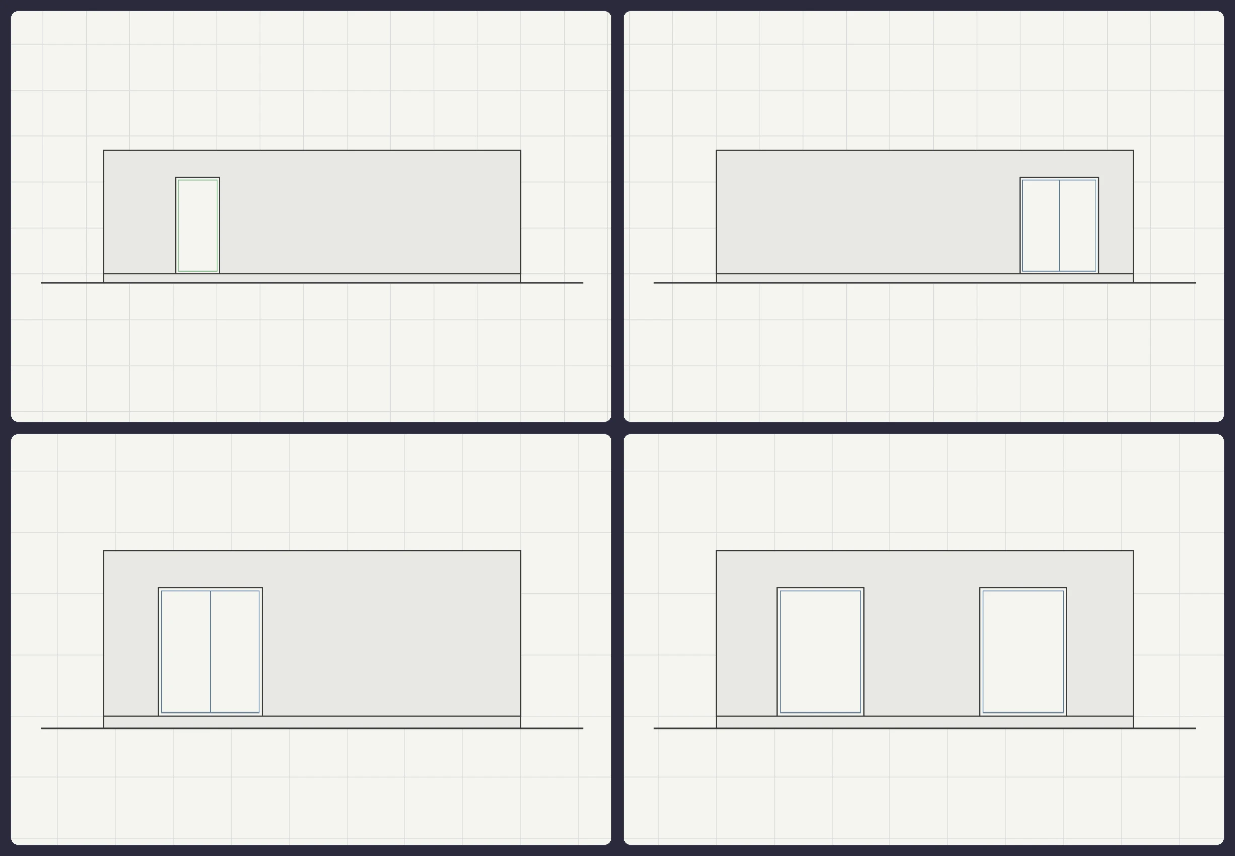 The four automatically generated elevations of the 2-Bedroom Apartment — north, east, south and west façades with their window and door openings