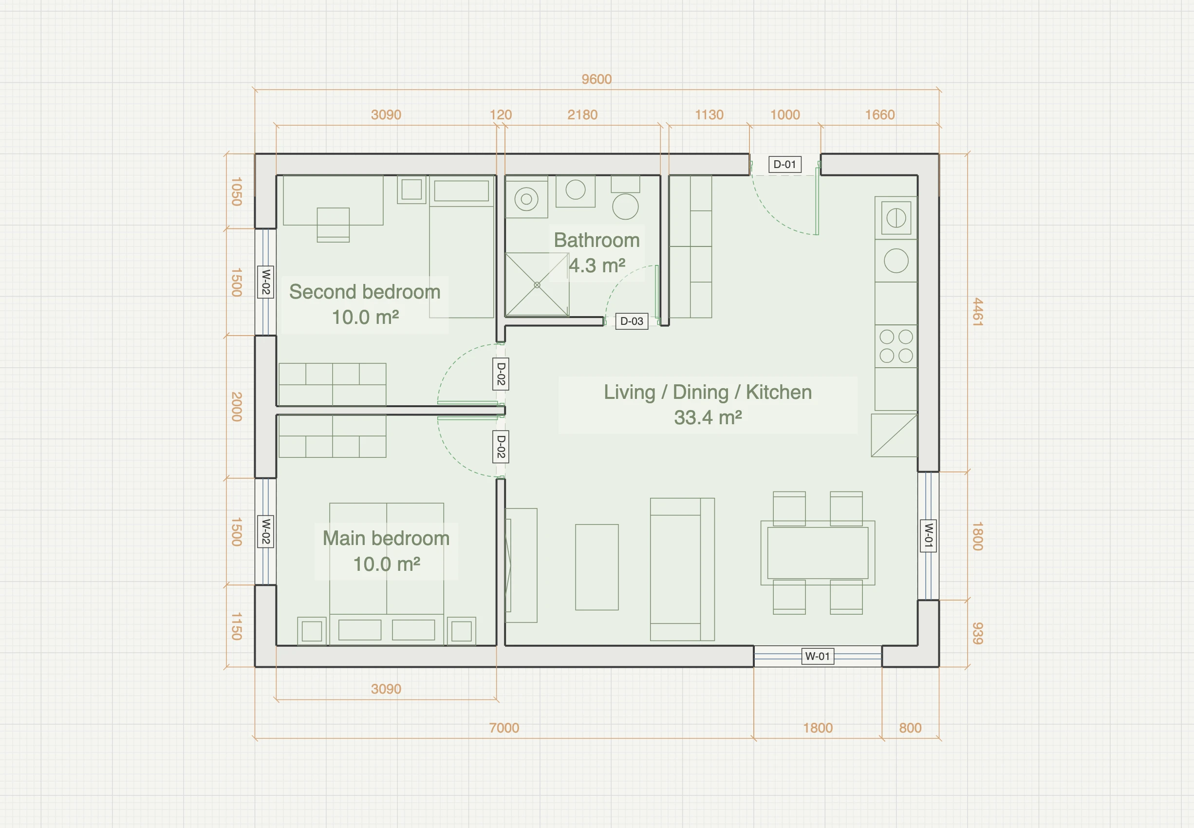 Two-bedroom apartment floor plan, 9.6 by 7.2 metres, with an open 33 m² living, dining and kitchen room, two 10 m² bedrooms on the west façade, an internal bathroom and full-height windows, furnished and fully dimensioned in the Gridsnap editor