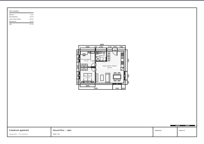 An example PDF sheet exported from the 2-Bedroom Apartment template, with the drawing framed in a title block