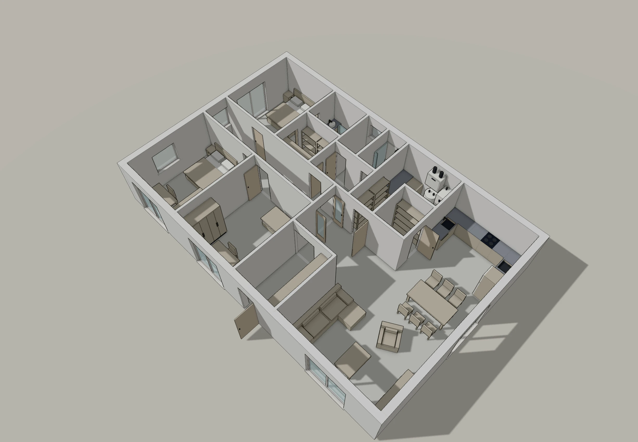 3D view of the single-storey three-bedroom house floor plan showing the open living, kitchen and dining room, the corridor and bedrooms, and the window and door openings on all four façades