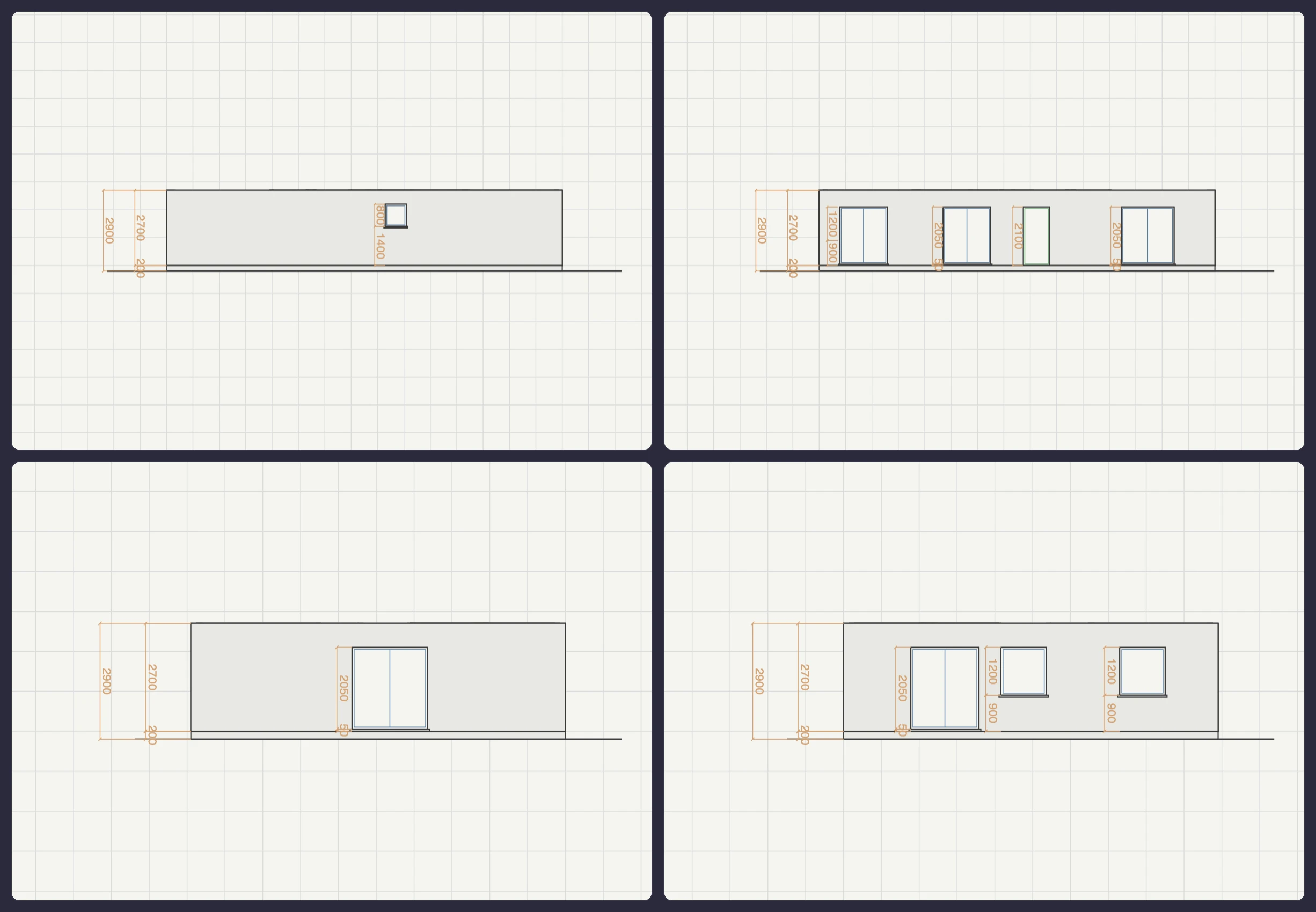 The four automatically generated elevations of the 3-Bedroom House — north, east, south and west façades with their window and door openings