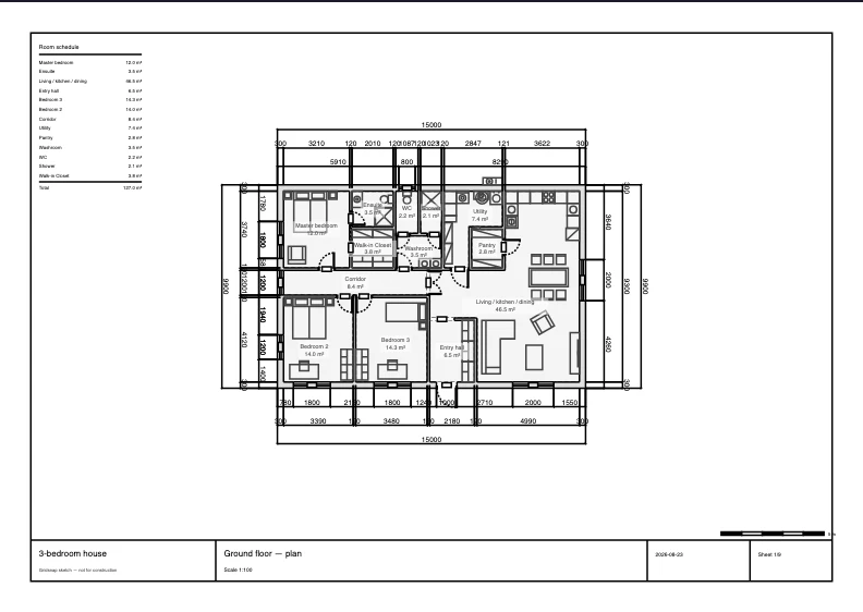 An example PDF sheet exported from the 3-Bedroom House template, with the drawing framed in a title block