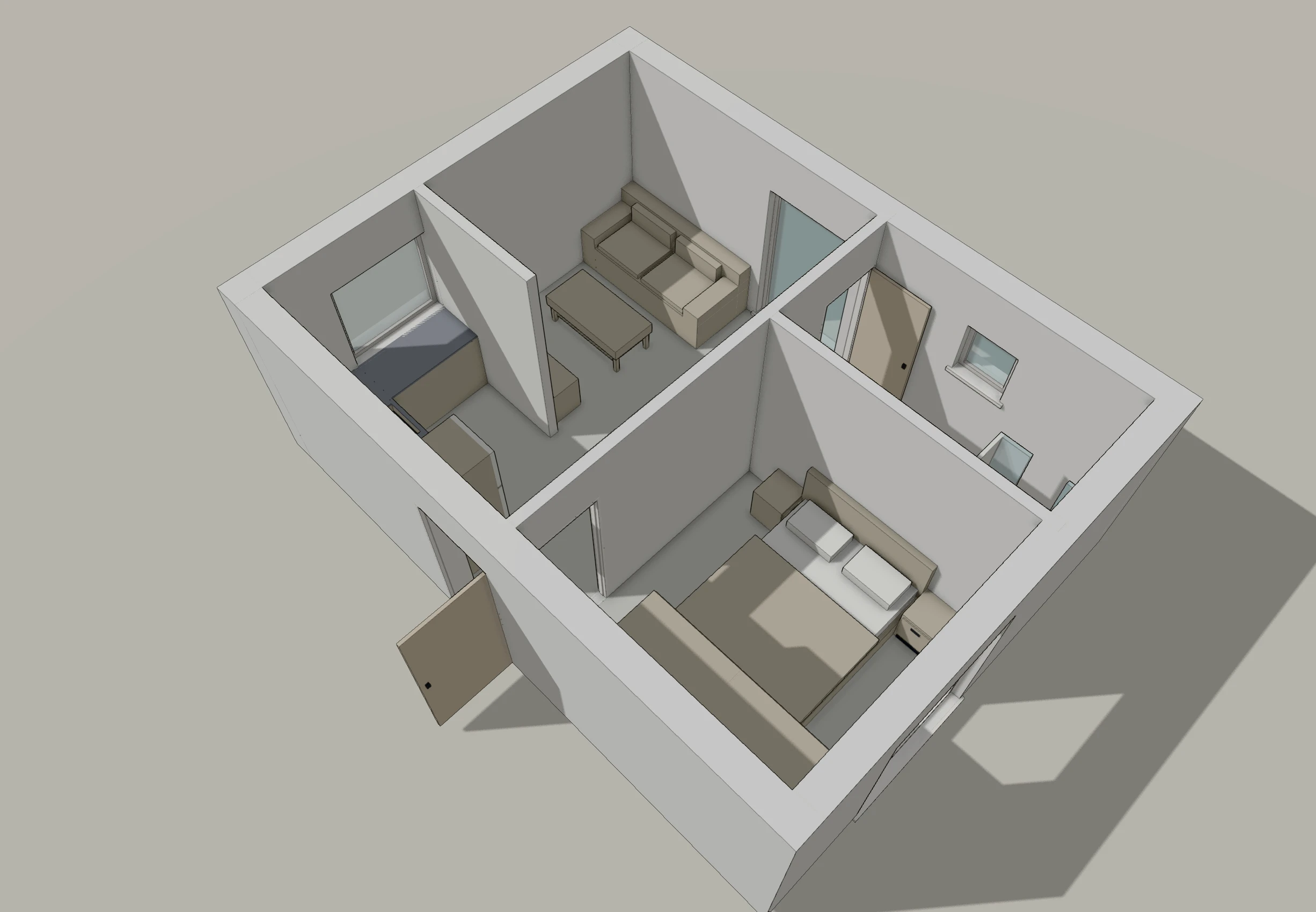 3D view of the garden studio ADU floor plan showing the open living and kitchen space, the separate bedroom and the shower room, with window and door openings cut into the walls