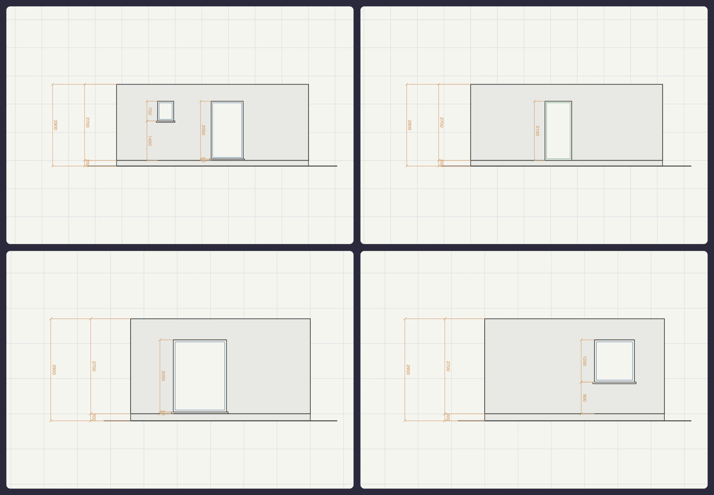 The four automatically generated elevations of the Garden Studio (ADU) — north, east, south and west façades with their window and door openings