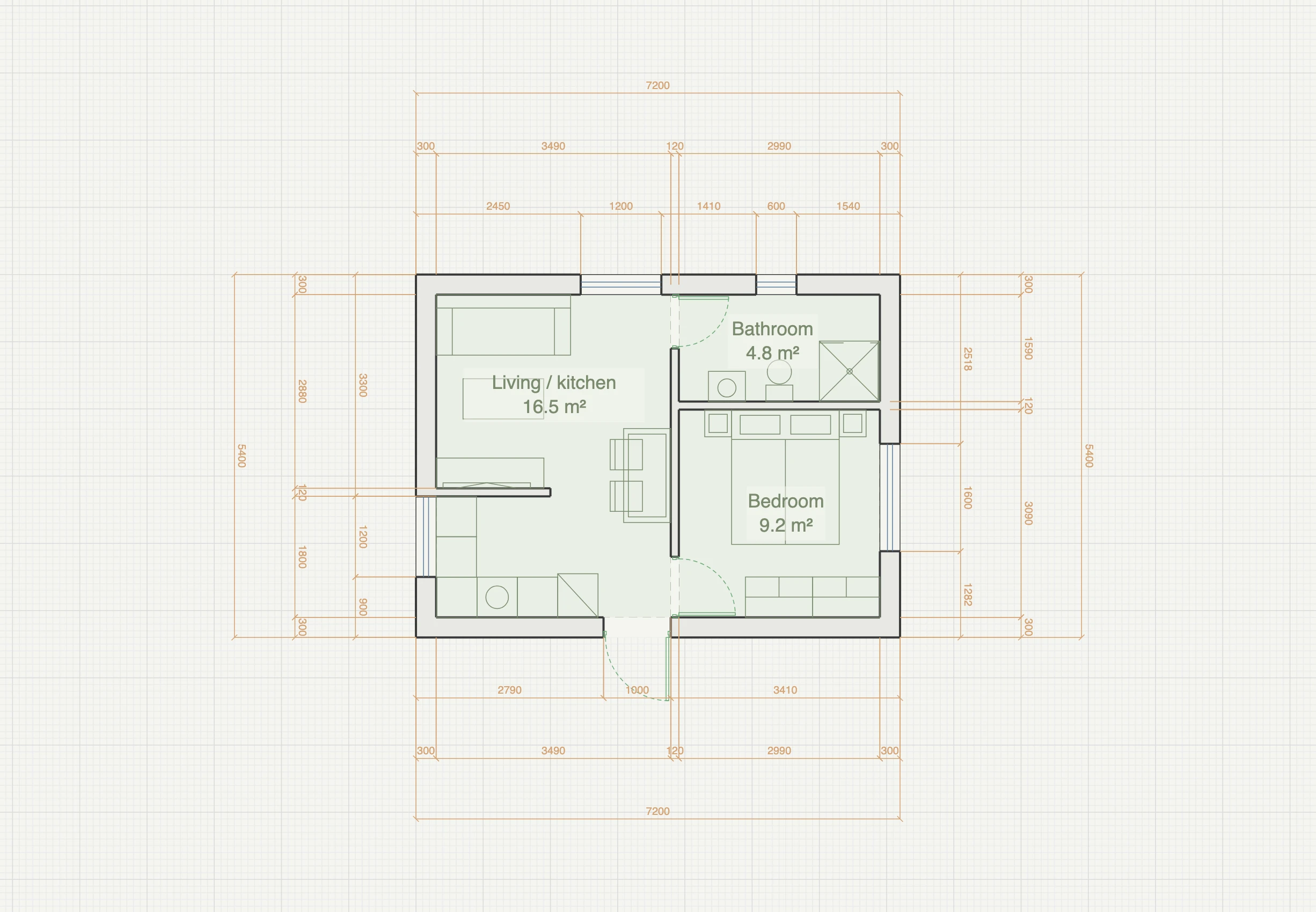 Garden studio ADU floor plan, 7.2 by 5.4 metres, with an open living and kitchen space, a separate bedroom with a double bed and two wardrobes, and a shower room with a high-level window, furnished and fully dimensioned in the Gridsnap editor