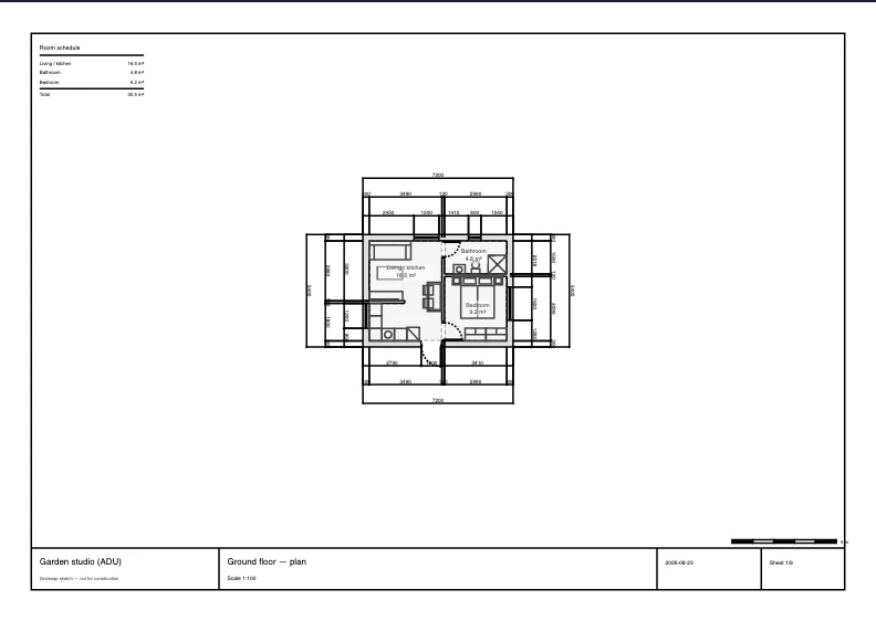 An example PDF sheet exported from the Garden Studio (ADU) template, with the drawing framed in a title block