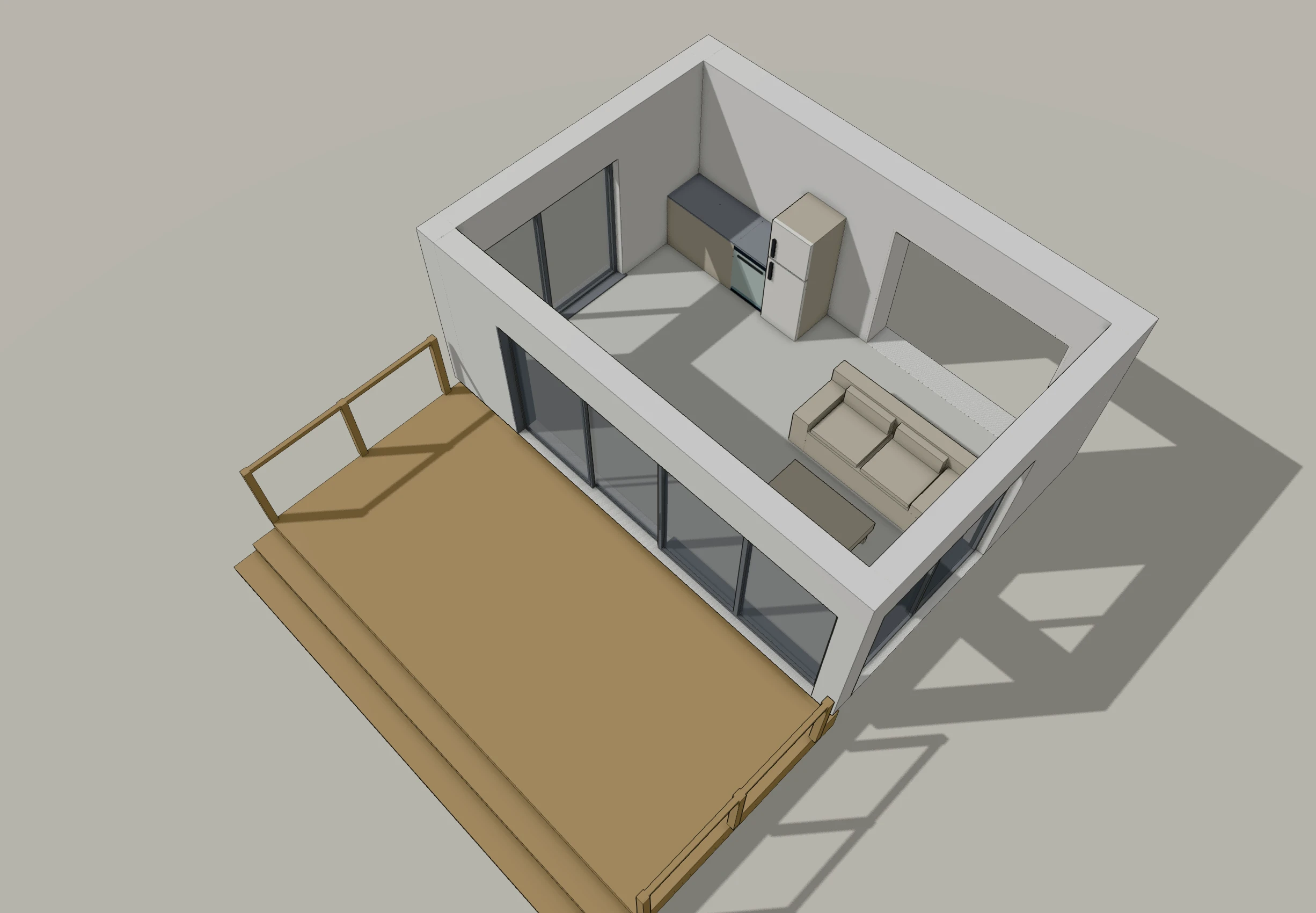 3D view of a garden room with an attached timber deck: sliding doors onto the deck, railings on the open flanks only, and three steps down to the garden from the far edge