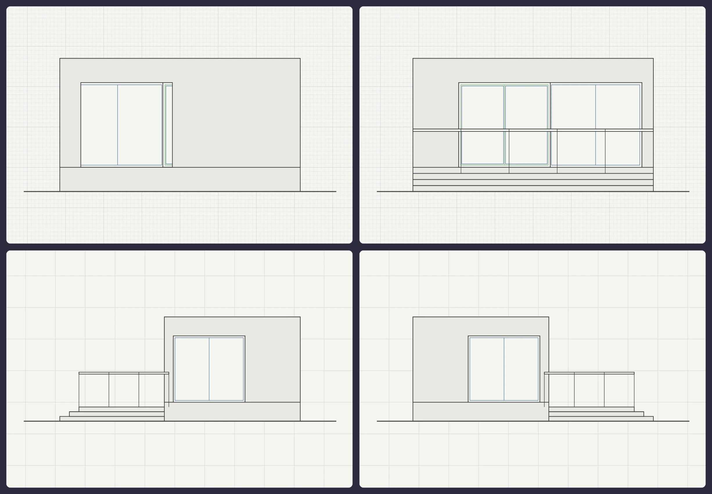 The four automatically generated elevations of the Garden Room with Deck — north, east, south and west façades with their window and door openings
