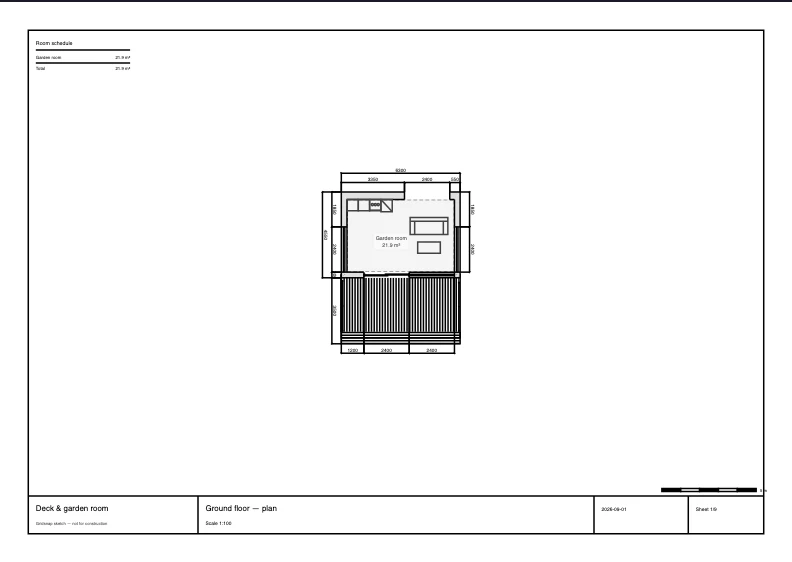 An example PDF sheet exported from the Garden Room with Deck template, with the drawing framed in a title block
