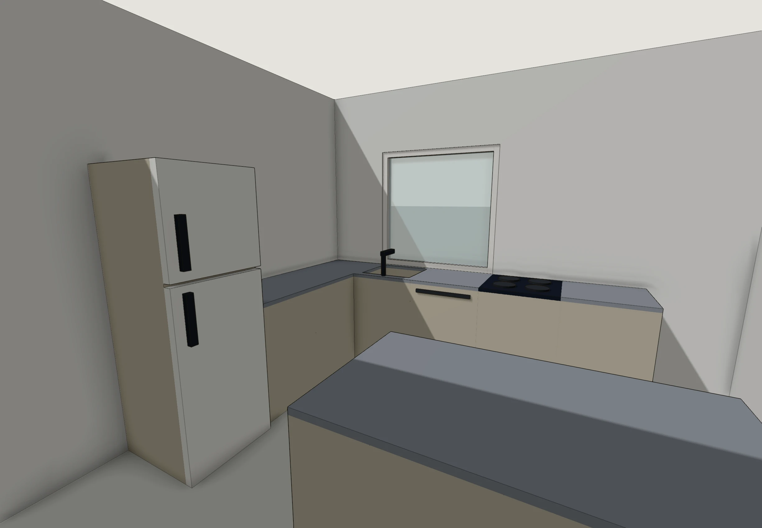 Interior 3D view of the L-shaped kitchen showing the two counter runs, the sink under the north window, and the free-standing island