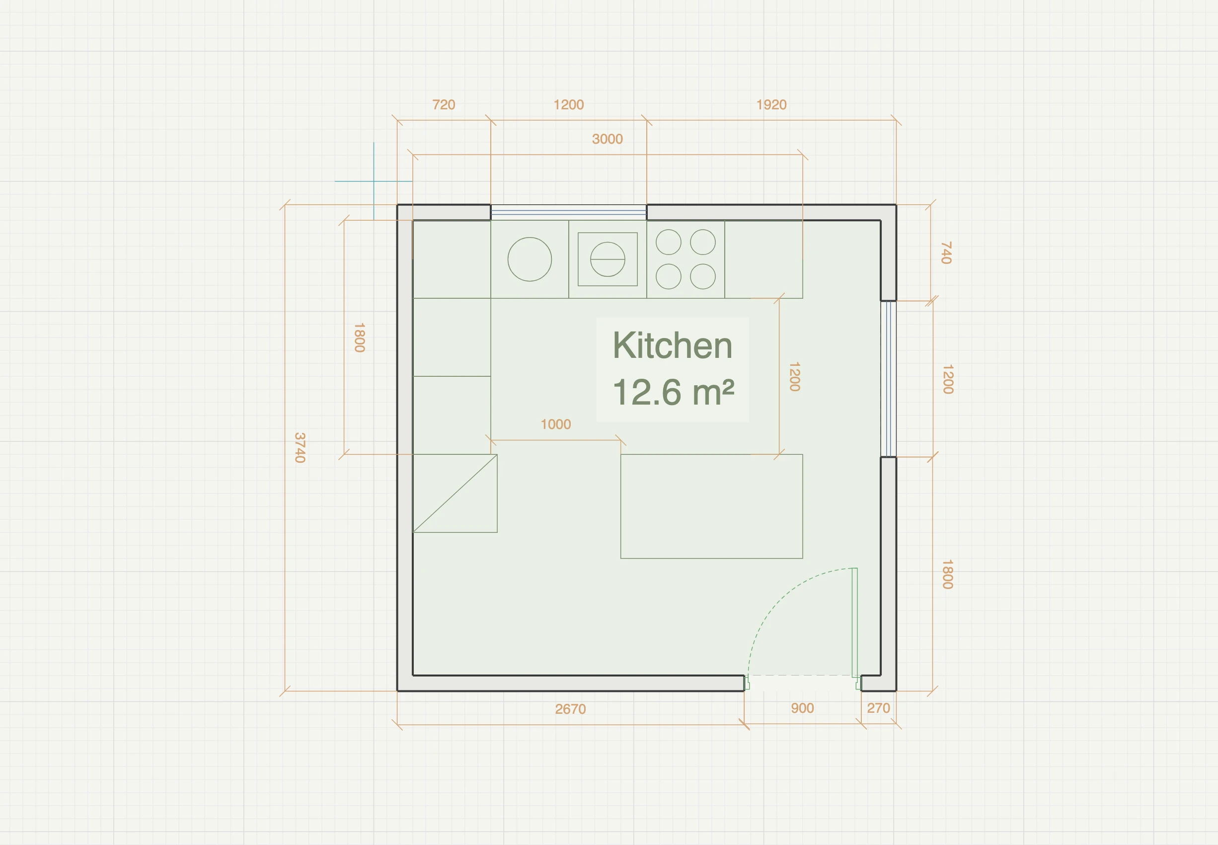 L-shaped kitchen floor plan, 3.6 by 3.5 metres inside the walls, with counters along the north and west walls, the sink under the north window, hob, dishwasher, fridge and a free-standing 1.4 by 0.8 metre island, fully dimensioned in the Gridsnap editor
