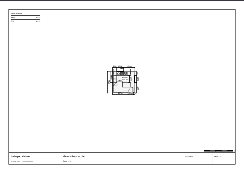 An example PDF sheet exported from the L-Shaped Kitchen with Island template, with the drawing framed in a title block