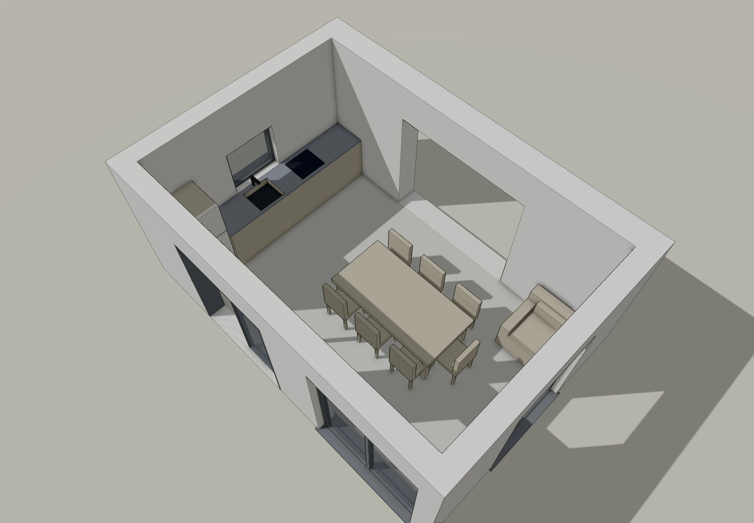 3D view of the single-storey rear extension showing the kitchen run along the side wall, the dining area, the glazed garden wall with sliding doors, and the wide knock-through into the existing house