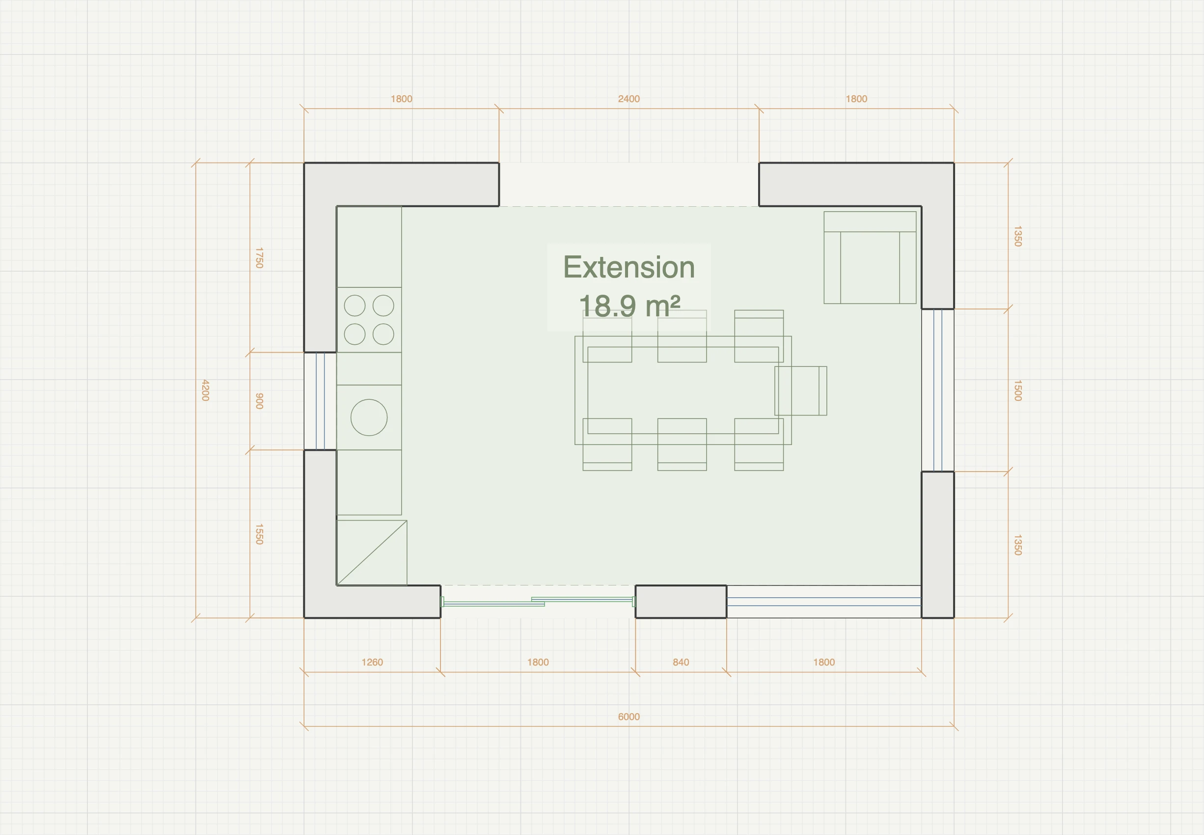 Rear extension floor plan, 6 by 4.2 metres, showing a single-wall kitchen run with fridge, sink and hob, a dining table and chairs, sliding garden doors with full-height windows, and a 2.4 metre knock-through into the existing house, fully dimensioned