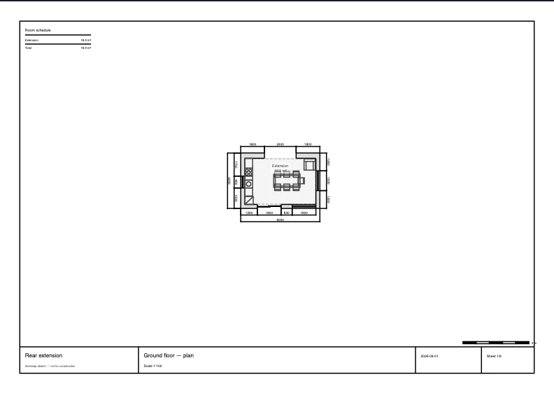 An example PDF sheet exported from the Single-Storey Rear Extension template, with the drawing framed in a title block