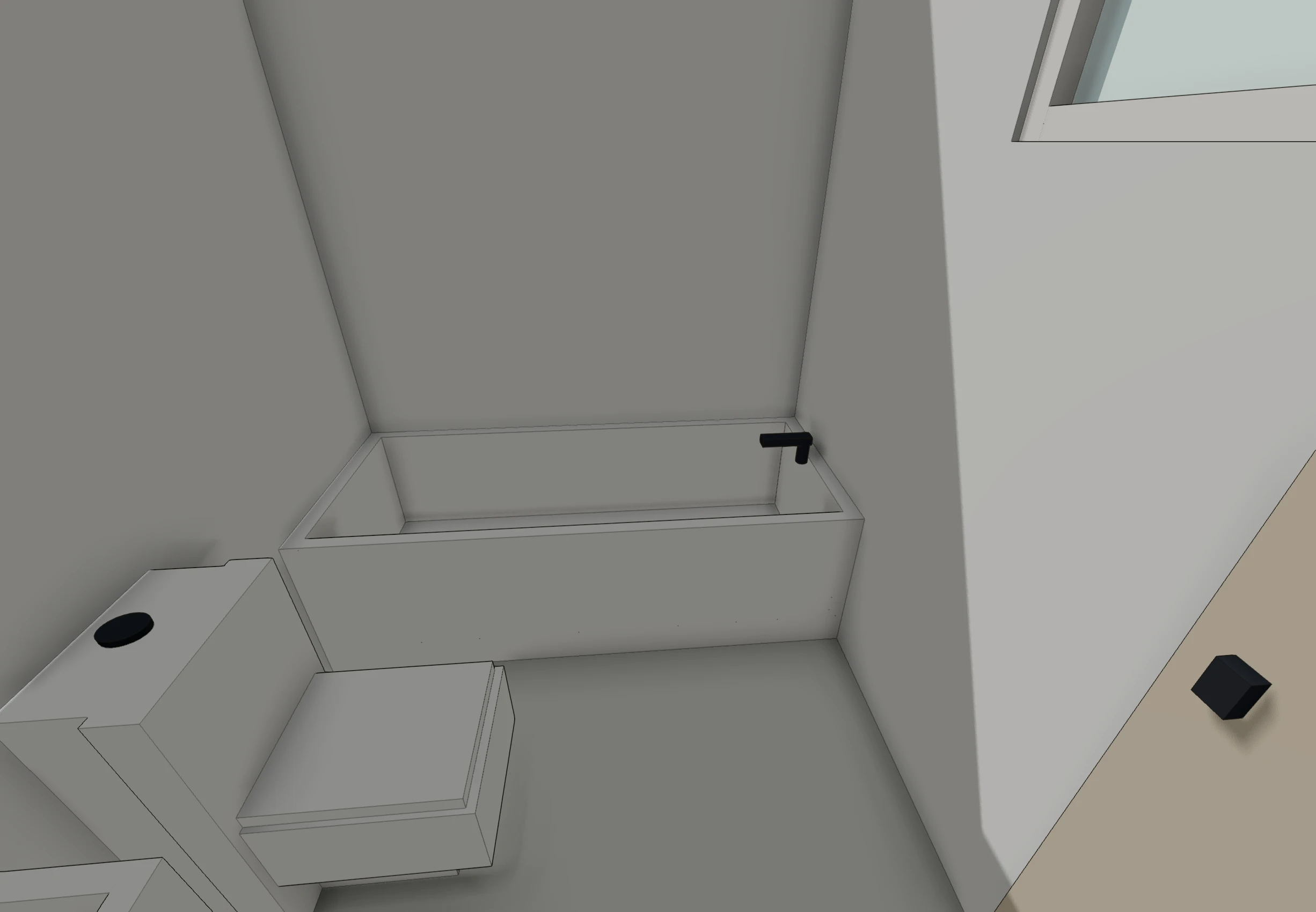 Interior 3D view of the small bathroom looking in from the door, showing the bath along the west wall, the toilet and basin on the south wall, and the high-level north window