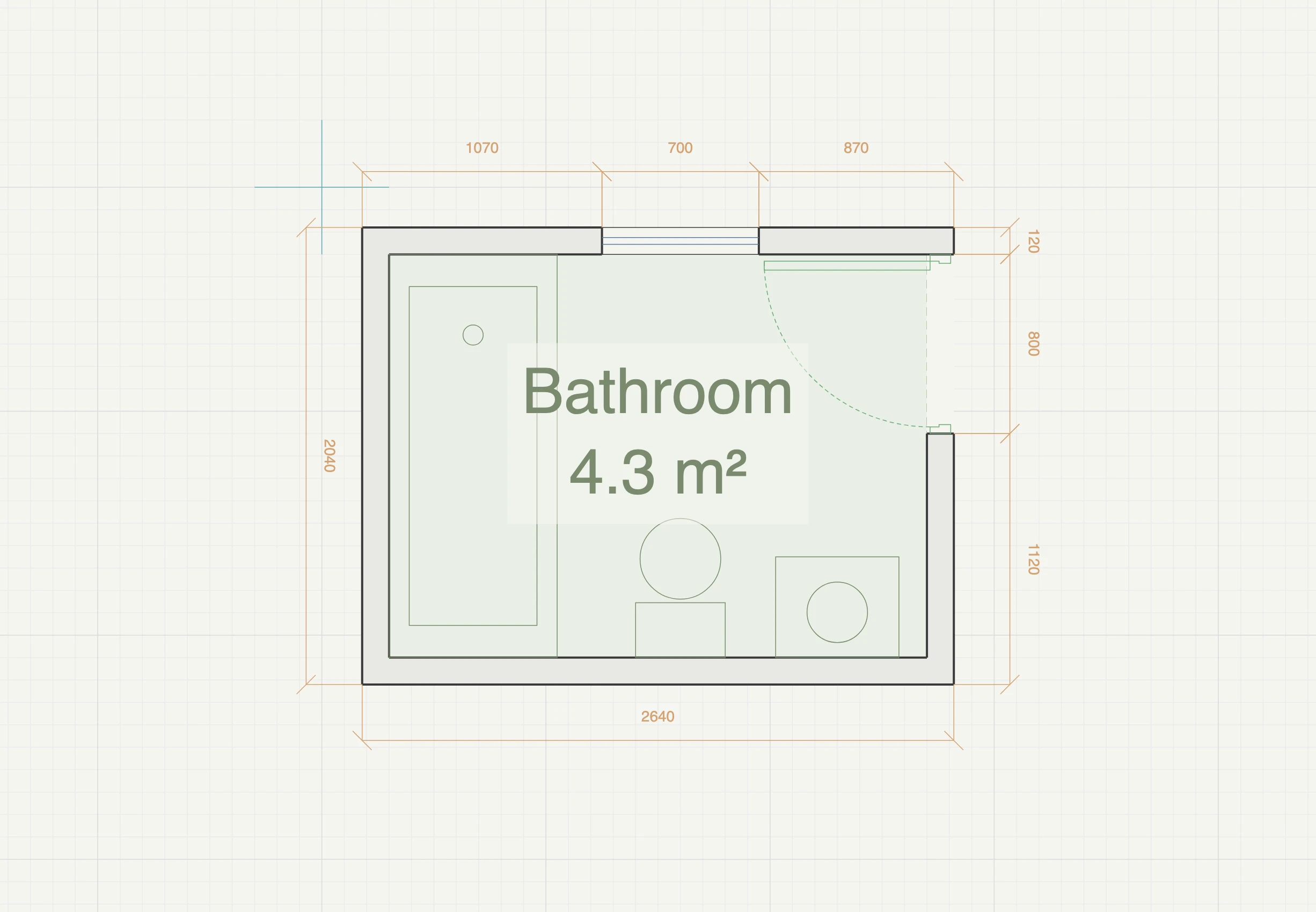 Small bathroom floor plan, 1.8 by 2.4 metres inside the walls, with a full-length bath along the west end, toilet and basin sharing the south wall, and a high-level north window, fully dimensioned in the Gridsnap editor