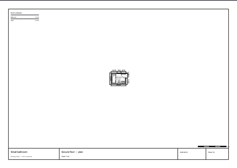 An example PDF sheet exported from the Small Bathroom (1.8 × 2.4 m) template, with the drawing framed in a title block
