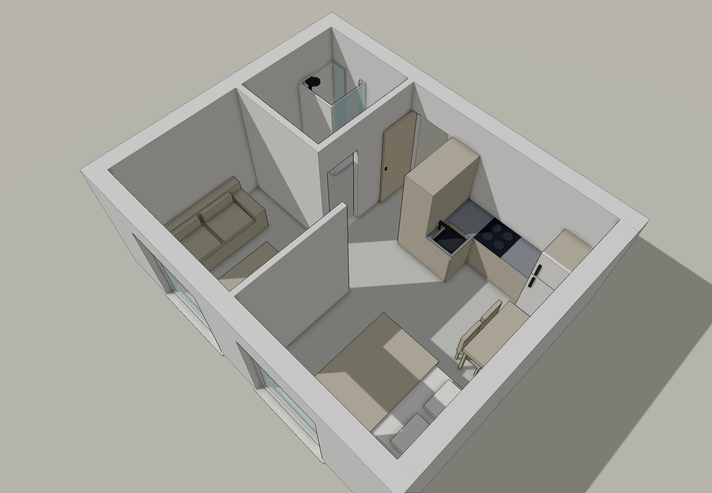 Interior 3D view of the studio apartment showing the kitchen run on the blind corridor wall, the lounge and sleeping corners, and the two floor-height windows cut into the south wall