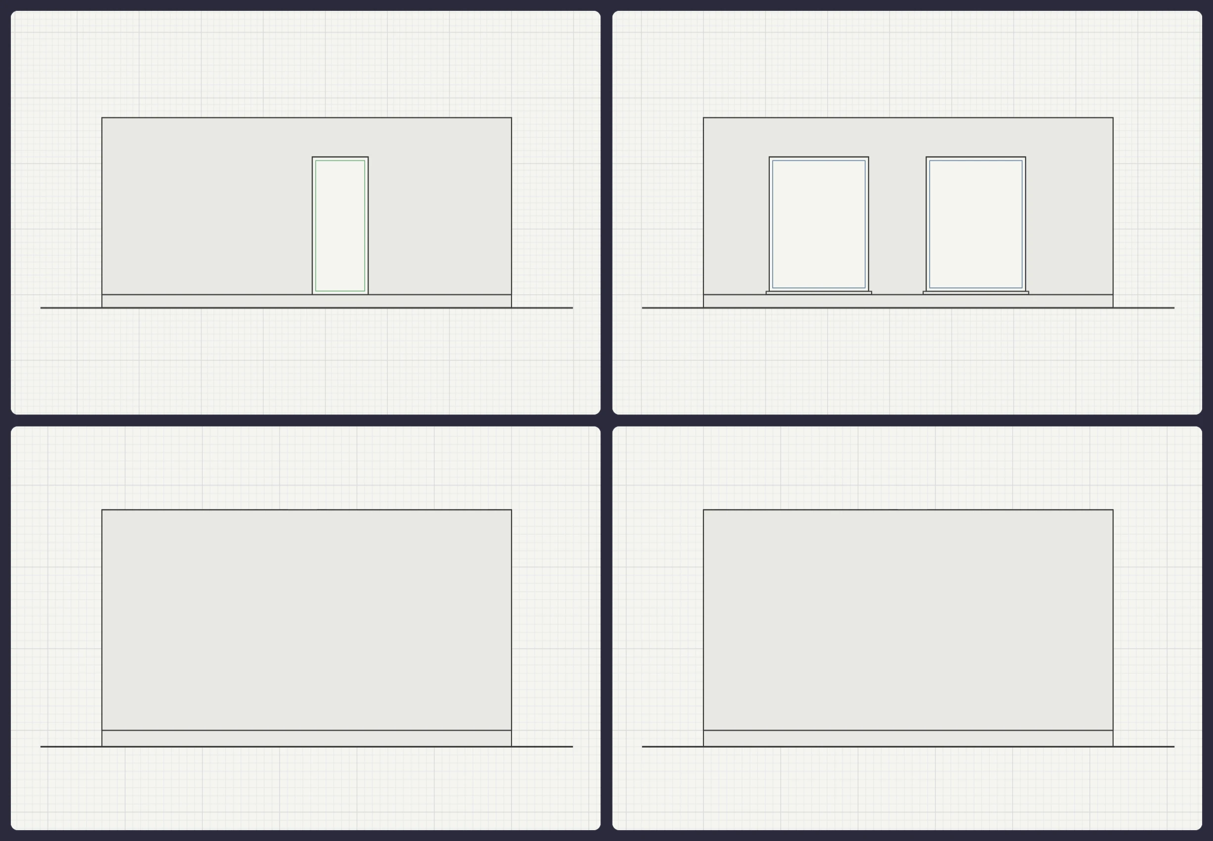 The four automatically generated elevations of the Studio Apartment — north, east, south and west façades with their window and door openings