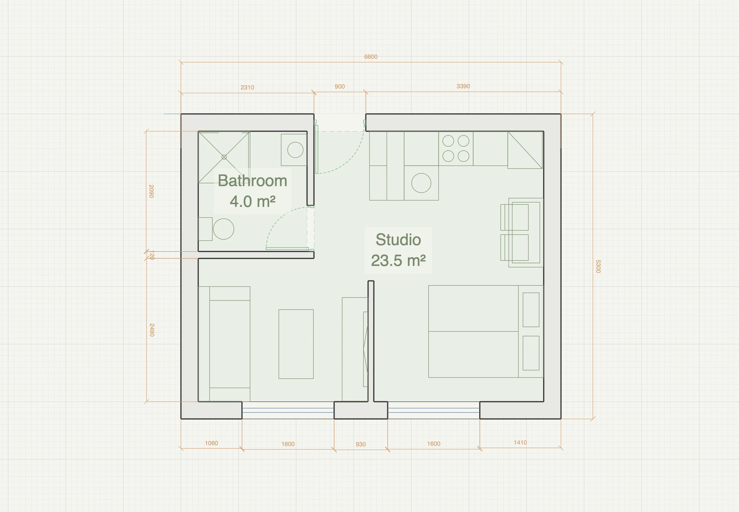 Studio apartment floor plan, 6.6 by 5.3 metres, with a kitchen run along the blind corridor wall, a bathroom beside the entrance, and a dining table, lounge group and double bed sharing one 23.5 m² room lit by two floor-height south windows, fully dimensioned in the Gridsnap editor