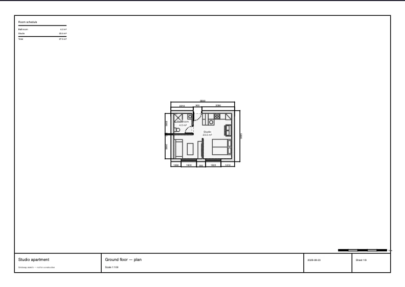 An example PDF sheet exported from the Studio Apartment template, with the drawing framed in a title block